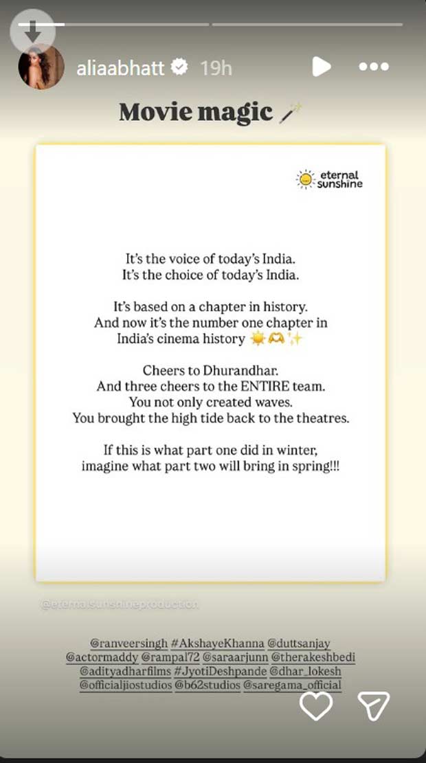 Alia Bhatt breaks silence on Dhurandhar, calls it ‘the voice of today’s India’