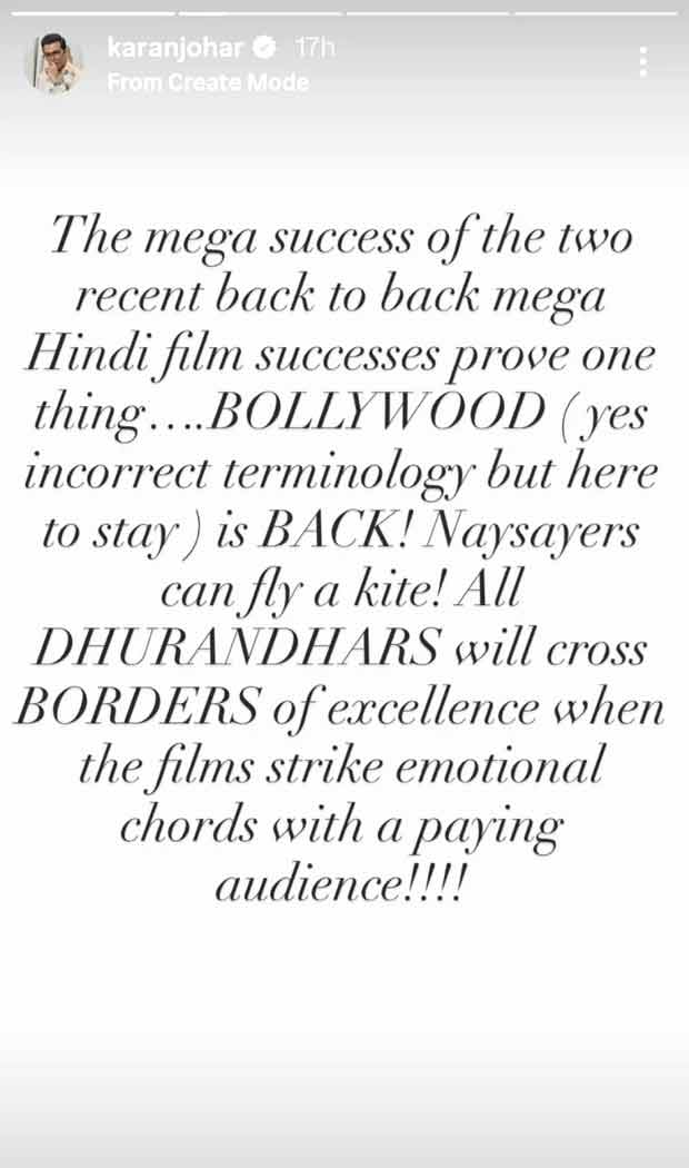 Karan Johar celebrates mega box office run of Dhurandhar and Border 2: “Bollywood is back!”