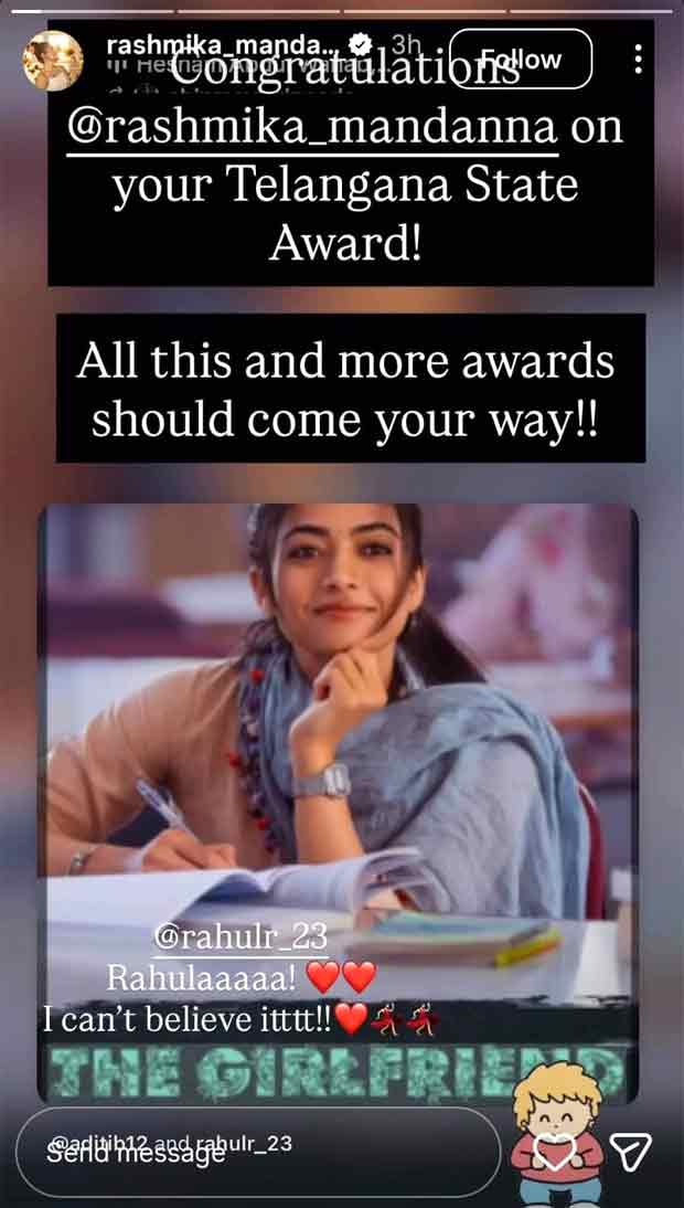 Rashmika Mandanna wins Best Actress at Telangana State Awards for The Girlfriend