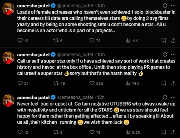 Ameesha Patel takes cryptic dig at “fake PR machinery” in series of explosive tweets; claims actresses without solo blockbusters are calling themselves stars