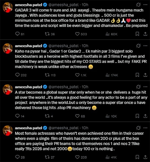 Ameesha Patel takes cryptic dig at “fake PR machinery” in series of explosive tweets; claims actresses without solo blockbusters are calling themselves stars