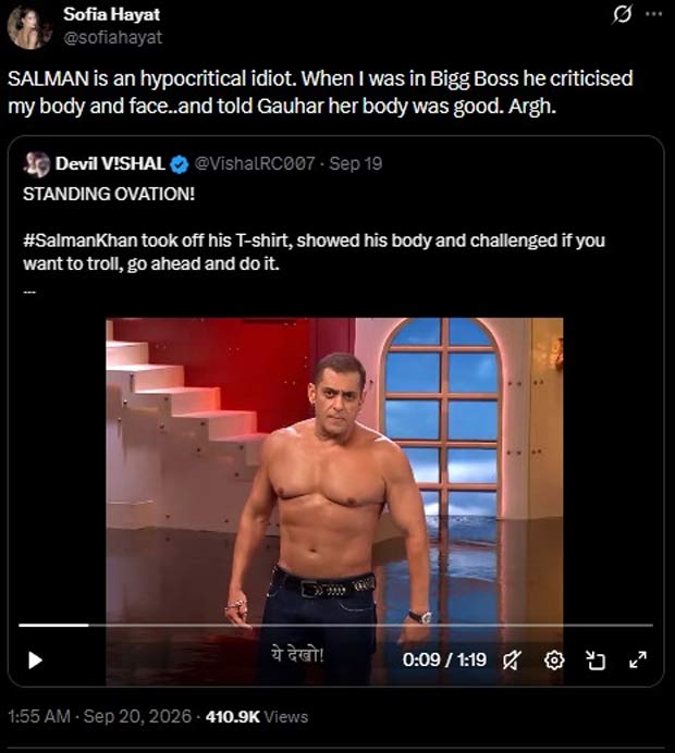 Sofia Hayat calls Salman Khan “hypocritical” over Bigg Boss 20 shirtless moment, recalls body-shaming incident