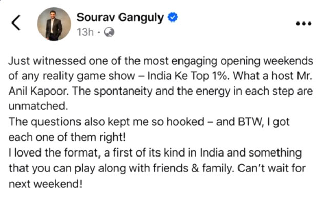 India Ke Top 1%: Sourav Ganguly praises Anil Kapoor’s "Jhakaas" energy on Star Plus' show; says, "I got each one right"